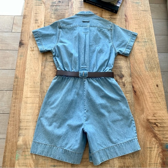 Bill Blass Vintage 90’Blue Denim Stretch Waist Pleated Romper Jumper Sz Medium - Picture 3 of 15